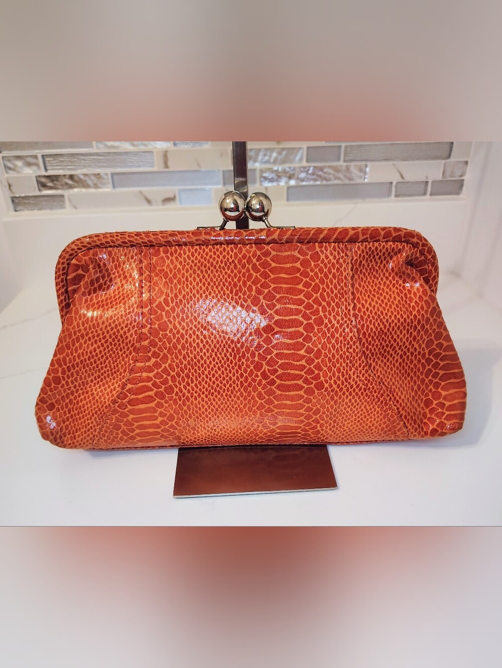 EUC Kisslock Clutch - Orange Snake Embossed Leather w/SHW